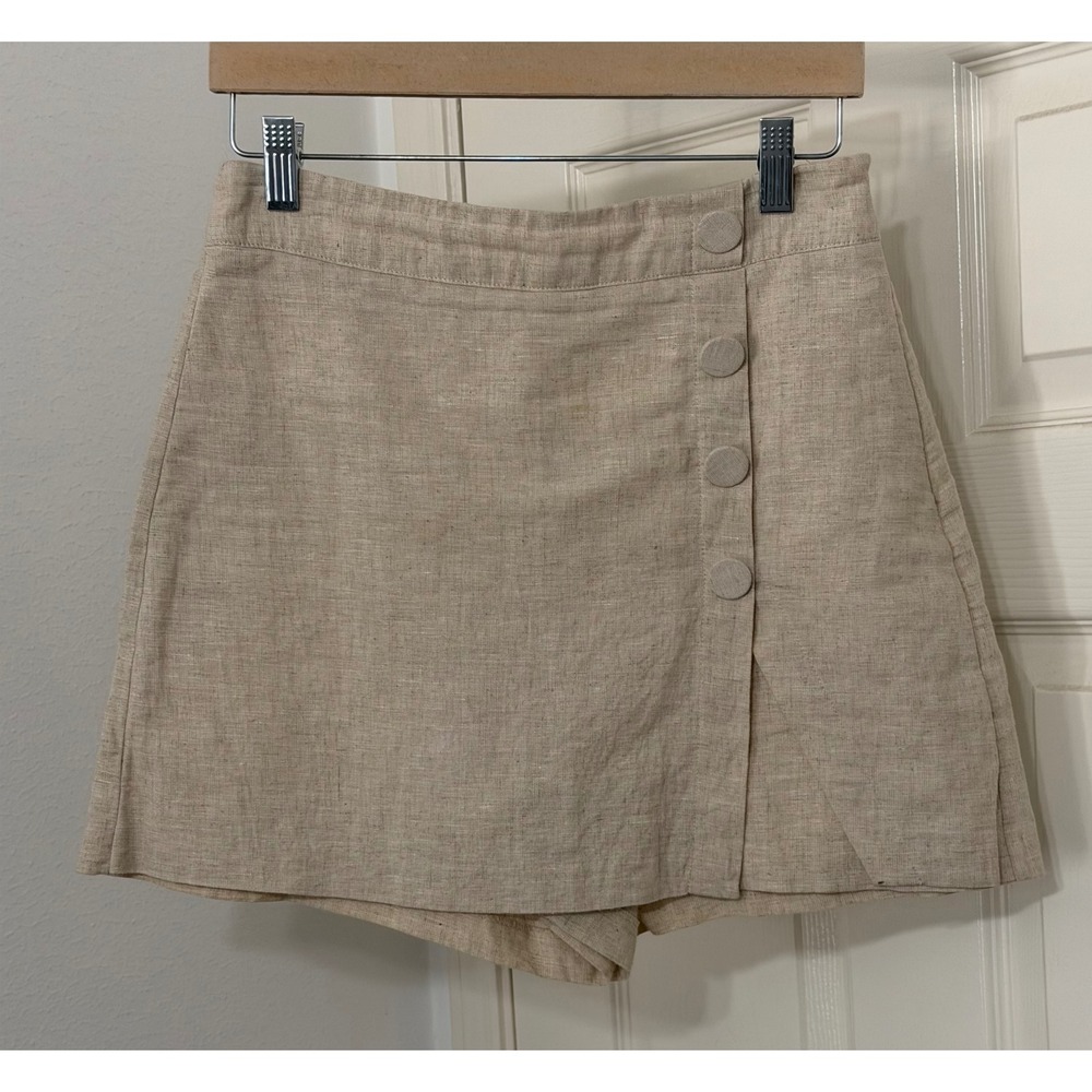 Zara women's sz S Beige Linen Blend Wrap Front Button Skort Mini resort summer